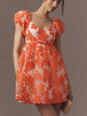 L • By Anthropologie • Puff-Sleeve Scoop-Neck Babydoll Mini Dress